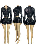 PU Leather Long Sleeve Two Piece Shorts Set CH-25102