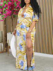 Leaf Print Long Sleeve Cardigan Long Dress YH-5353