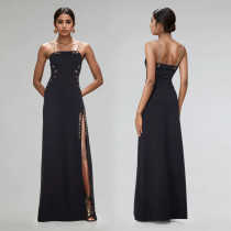 Sexy Solid Color Chain Sling Split Maxi Dress BY-7522