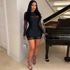 Sexy Zipper Mesh Romper+Sling Dress 2 Piece Set ASL-6810