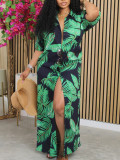 Leaf Print Long Sleeve Cardigan Long Dress YH-5353