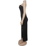 Sexy Solid Color Chain Sling Split Maxi Dress BY-7522