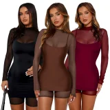 Sexy Zipper Mesh Romper+Sling Dress 2 Piece Set ASL-6810