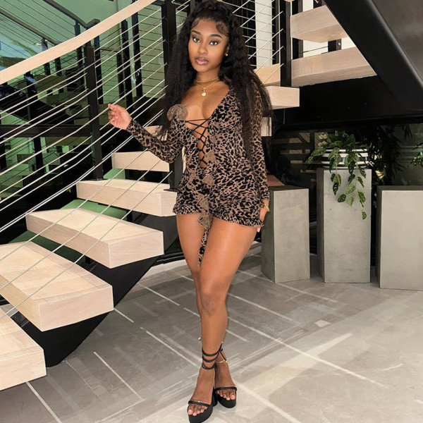 Leopard Mesh Print Tie Up Romper SHD-9561