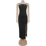 Sexy Solid Color Chain Sling Split Maxi Dress BY-7522