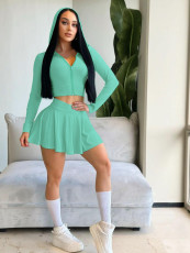 Solid Color Long Sleeve Hooded Knits Skirts Suit YH-9002