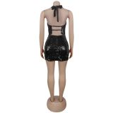 Backless Sequin Halterneck Two Piece Skirts Set BY-7521