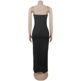 Sexy Solid Color Chain Sling Split Maxi Dress BY-7522