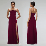Sexy Solid Color Chain Sling Split Maxi Dress BY-7522