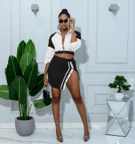 Retro Long Sleeve Color Block Two Piece Skirts Set QXLB-10157