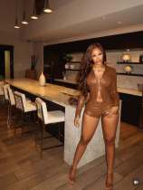 PU Leather Long Sleeve Two Piece Shorts Set MEM-88665