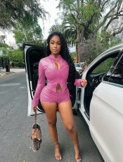 PU Leather Long Sleeve Two Piece Shorts Set MEM-88665