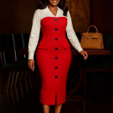 Plus Size Long Sleeve Blazer Neck Patchwork Midi Dress GATE-600