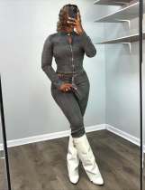 Long Sleeve Zipper Denim Two Piece Pants Set MEM-88664