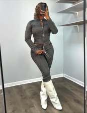 Long Sleeve Zipper Denim Two Piece Pants Set MEM-88664