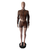 PU Leather Long Sleeve Two Piece Shorts Set MEM-88665