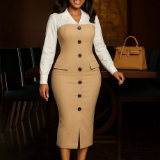 Plus Size Long Sleeve Blazer Neck Patchwork Midi Dress GATE-600