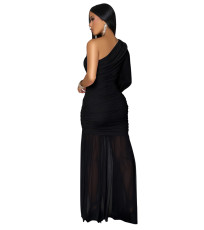 Solid Single Shoulder Long Sleeve Mesh Maxi Dress GXYF-0490