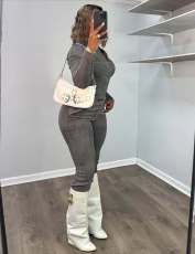 Long Sleeve Zipper Denim Two Piece Pants Set MEM-88664