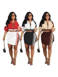 Retro Long Sleeve Color Block Two Piece Skirts Set QXLB-10157