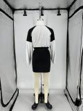 Retro Long Sleeve Color Block Two Piece Skirts Set QXLB-10157