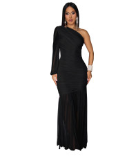 Solid Single Shoulder Long Sleeve Mesh Maxi Dress GXYF-0490