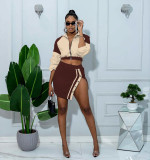 Retro Long Sleeve Color Block Two Piece Skirts Set QXLB-10157
