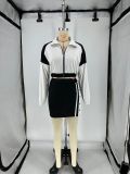 Retro Long Sleeve Color Block Two Piece Skirts Set QXLB-10157