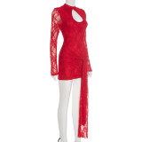 Solid Color Hollow Out Lace Mini Dress GSZM-C25DS284