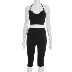Solid Color Halterneck Tie Up Two Piece Short Set MXBF-J25ST244
