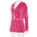 Velvet Hooded Long-Sleeve Zipper  Skirt Set MXBF-D25ST378