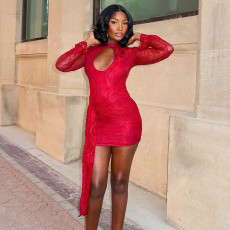 Solid Color Hollow Out Lace Mini Dress GSZM-C25DS284