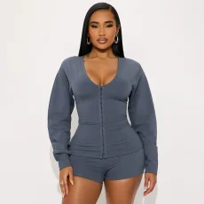 Solid Color Long Sleeve Casual Short Suit MXBF-J25ST282