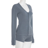 Solid Color Long Sleeve Casual Short Suit MXBF-J25ST282