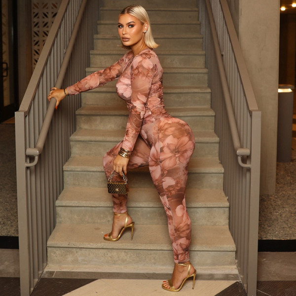 O-Neck Floral Print Long-Sleeve Top And Pants Set MXBF-J25ST289