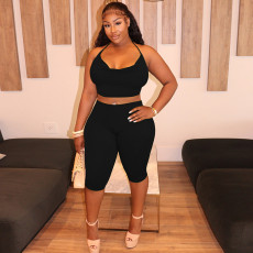 Solid Color Halterneck Tie Up Two Piece Short Set MXBF-J25ST244