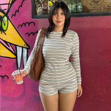 Stripe Print Long Sleeve Two Piece Shorts Set GFRT-42209SBG