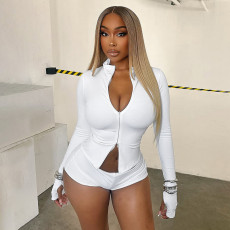 Solid Color Zipper Fashion Three Piece Shorts Set MXBF-J25ST292