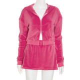 Velvet Hooded Long-Sleeve Zipper  Skirt Set MXBF-D25ST378