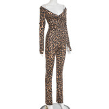 Leopard Print Deep V Neck Two Piece Pants Set MXBF-J25ST311