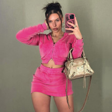 Velvet Hooded Long-Sleeve Zipper  Skirt Set MXBF-D25ST378