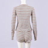 Stripe Print Long Sleeve Two Piece Shorts Set GFRT-42209SBG