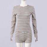 Stripe Print Long Sleeve Two Piece Shorts Set GFRT-42209SBG