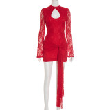 Solid Color Hollow Out Lace Mini Dress GSZM-C25DS284