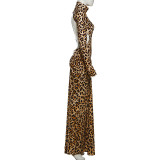 Leopard Print Long Sleeve Backless Maxi Dress XEF-K25D83530