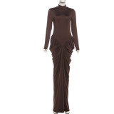 Solid Color Pleated Long Sleeve Maxi Dress XEF-K25D82529