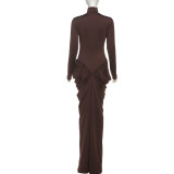 Solid Color Pleated Long Sleeve Maxi Dress XEF-K25D82529