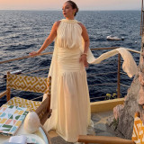 Pleated Ribbon Solid-color Maxi Dress XEF-K25D82046