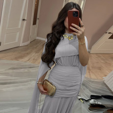 Pleated Ribbon Solid-color Maxi Dress XEF-K25D82046