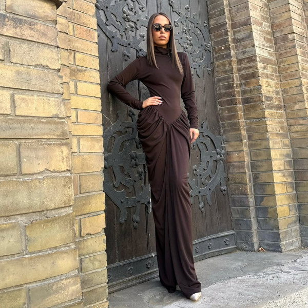 Solid Color Pleated Long Sleeve Maxi Dress XEF-K25D82529